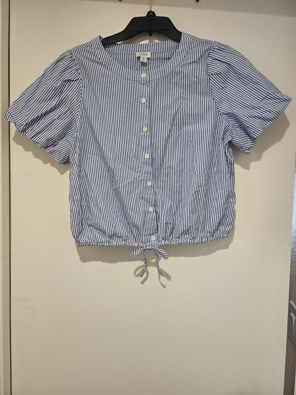 J Crew Puff- Sleeve Blue and White Striped Button-Front Tie-Hem Top